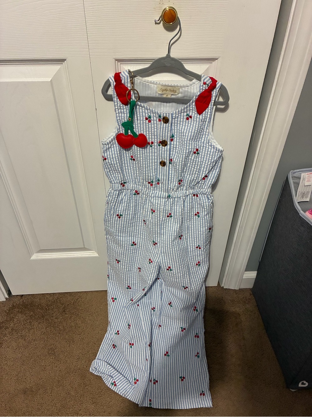 Cynthia Rowley Girls Blue & White Striped Cherry Jumpsuit with Cherry Keychain